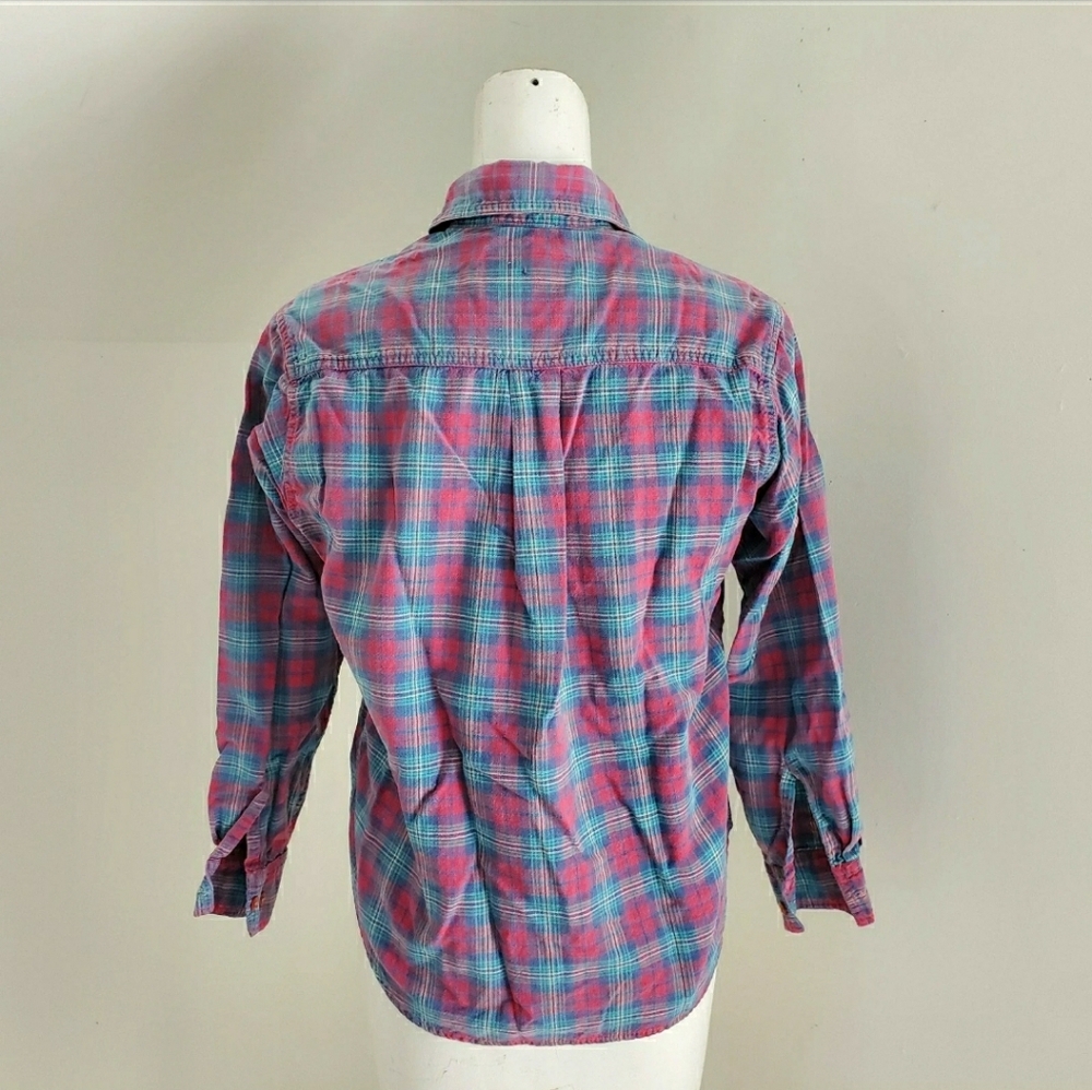 90s Vintage Pink & Blue Plaid Button Front Shirt - Picture 5 of 9